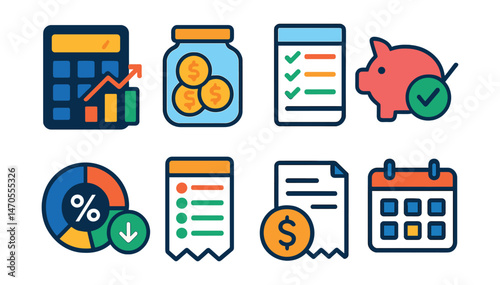 Flat vector icons of financial planning: calculator with graphs, savings jar with coins, monthly budget sheet, piggy bank with checkmark, percentage chart, expense tracker, bill payment icon,