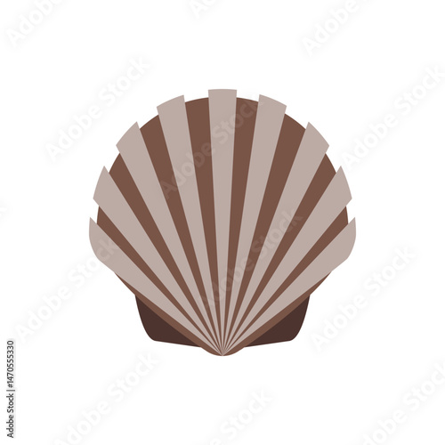 Illustration of a brown and beige scallop shell with radial pattern on a white background, simple design