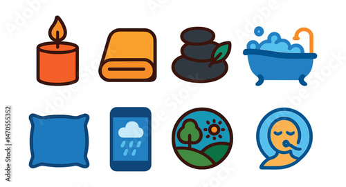 Flat vector icons of relaxation and stress relief: scented candle, cozy blanket, massage stone set, bath with bubbles, soft pillow, soothing rain app, nature scene icon, deep breath bubble.