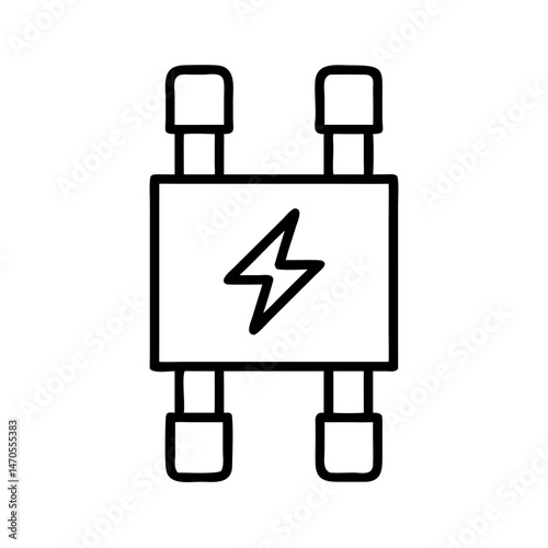 Line icon of electrical transformer with lightning symbol and connectors, black outline style, concept of power conversion, grid component, and energy distribution
