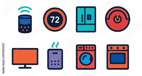 Flat vector icons of smart home devices: smart speaker, smart thermostat, smart fridge, robot vacuum, smart TV, air purifier, smart washer, smart oven.
