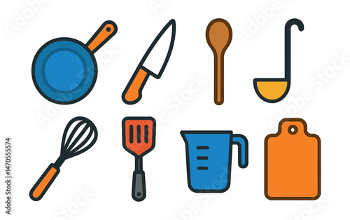 Flat vector icons of cooking utensils: frying pan, kitchen knife, wooden spoon, ladle, whisk, spatula, measuring cup, cutting board.