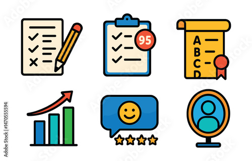 Flat vector icons of assessments and learning progress: test paper with pencil, checklist with score, grading scale, certificate scroll, bar graph improvement, feedback speech bubble, review stars,