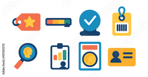 Flat vector icons of valuation and grading: rating stars on tag, scale from poor to mint, authenticity stamp, barcode ID tag, appraising magnifier, expert review chart, sealed rating slab,