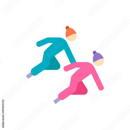 Two stylized figures ice skating with colorful hats and simple shapes on a white background design art