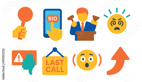 Flat vector icons of bidding actions: paddle raise, mobile bid tap, auctioneer calling bids, quick bid reaction, outbid alert icon, “last call” sign, emotional bid tension face, bid increase arrow.