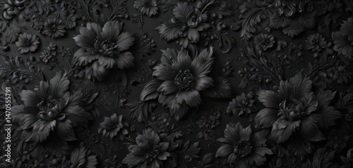 Luxurious black floral wallpaper with deep texture Intricate patterns , art, bloom, flower