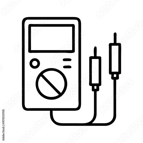 Line icon of digital multimeter with test leads, black outline style, concept of electrical diagnostics, voltage measurement, and electrician toolkit