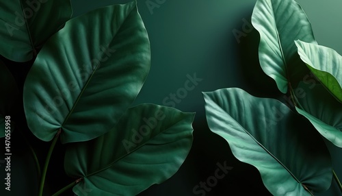Illustration large green leaves. Nature-inspired foliage with textured surface, deep green colors, dark background. Tropical plants concept for wallpaper, design, decoration, botany, fresh summer
