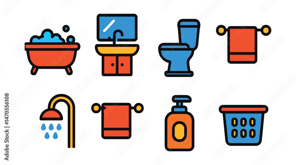 Flat vector icons of bathroom details: bathtub with bubbles, sink with mirror, toilet with lid, towel rack, shower head, bath mat, soap dispenser, laundry basket. Flat vector icons of bathroom details: bathtub with bubbles, sink with mirror, toilet with lid, towel rack, shower head, bath mat, soap dispenser, laundry basket.