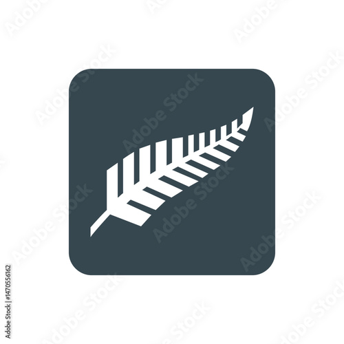 Illustration of a white fern leaf on a rounded square with a dark gray background, a simple graphic icon