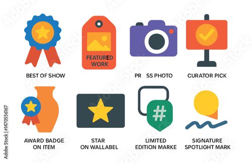 Flat vector icons of exhibition highlights and awards: “best of show” ribbon, featured work tag, press photo moment, curator pick sign, award badge on item, star on wall label, limited edition marker
