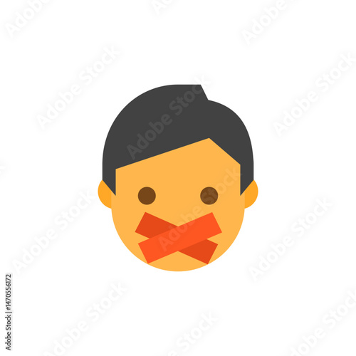 Illustration of a person with orange tape covering their mouth and dark hair on a white background