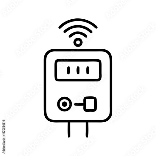 Line icon of smart electric meter with wireless signal, black outline style, concept of remote electricity monitoring and digital energy usage