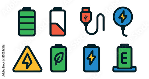 Flat vector icons of battery and charging: battery full, battery low, charging cable, magnetic charger, charge alert, power saving mode, quick charge, charging dock.