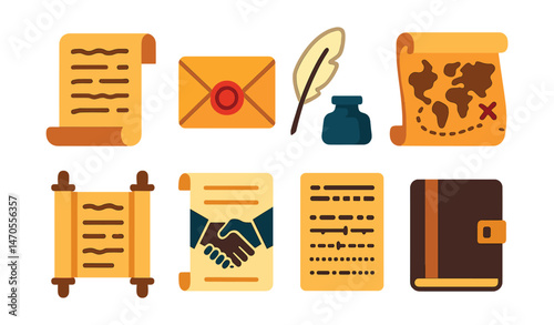 Flat vector icons of historical documents and objects: old manuscript, wax seal envelope, feather quill and inkpot, antique map, parchment scroll, historical treaty, coded telegram, explorer’s