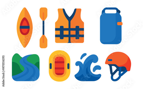 Flat vector icons of water adventure: kayak, paddle, life jacket, waterproof bag, river icon, raft, splash wave, helmet.