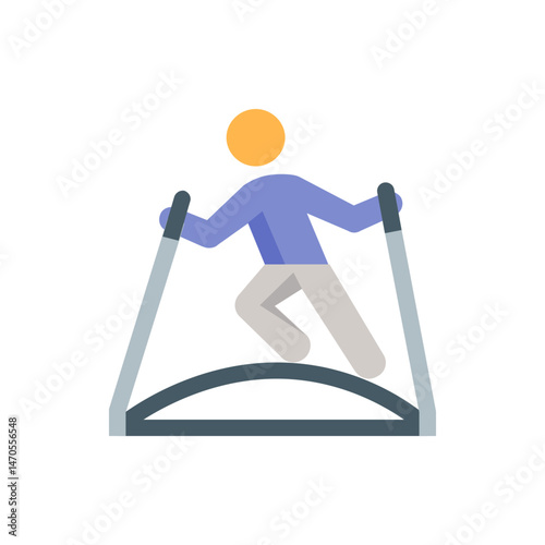Illustration of a person with a yellow head and blue shirt using an elliptical machine for exercise and fitness
