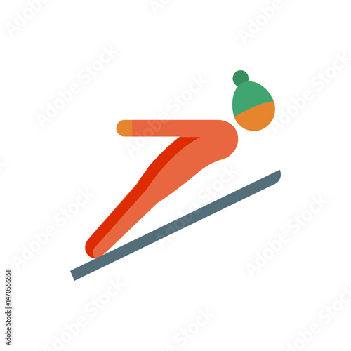 Illustration of a stylized ski jumper in an orange suit and green hat on a blue ski slope design