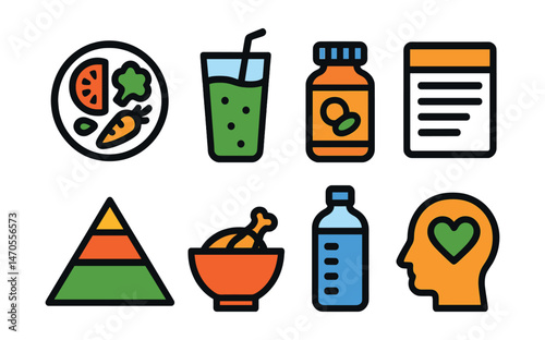 Flat vector icons of nutrition and balance: colorful plate with veggies, smoothie glass, vitamins bottle, nutrition label, food pyramid, protein bowl, hydration tracker, mindful eating symbol.