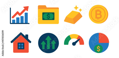 Flat vector icons of investments and assets: rising stock chart, investment portfolio folder, gold bar, cryptocurrency coin, house as asset, mutual fund icon, risk scale meter, pie chart with