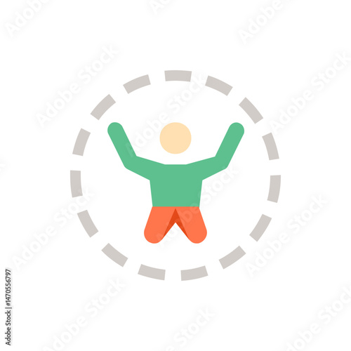 Illustration of a person with arms raised inside a dashed circle on a white background vector graphic