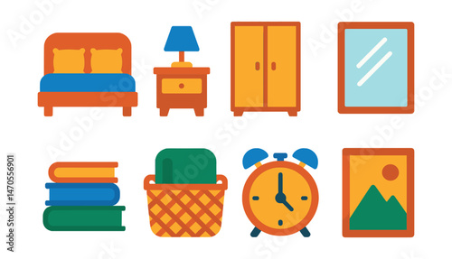 Flat vector icons of bedroom essentials: bed with pillows, nightstand with lamp, wardrobe closet, mirror with frame, bedside book stack, blanket basket, alarm clock, wall art.