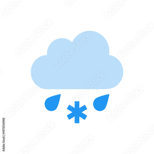 Light blue cloud with two blue raindrops and a snowflake indicating sleet weather condition icon image