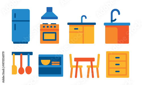 Flat vector icons of kitchen interior: refrigerator, stove with hood, kitchen island, sink with faucet, hanging utensils, open shelf with dishes, dining table with chairs, cabinet with drawers.