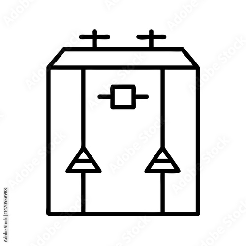minimalist black line icon of electric power transformer or control cabinet with circuit symbols, energy distribution unit, outline vector illustration