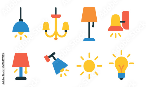 Flat vector icons of home lighting: pendant lamp, chandelier, floor lamp, wall sconce, table lamp, ceiling spotlight, ambient lighting icon, lightbulb with glow.