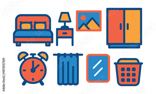 Flat vector icons of bedroom decor: bed with pillows, nightstand with lamp, wall art, wardrobe closet, alarm clock, curtain with rod, mirror frame, laundry basket.