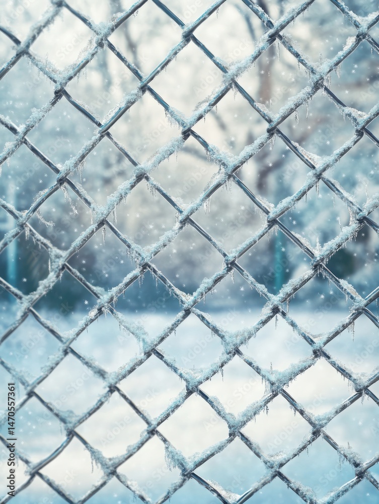 Fototapeta premium Frosted fence with snow and winter landscape in the background 