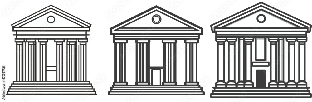 Obraz premium Classic architectural designs featuring three iconic structures with columns and steps in a minimalist style