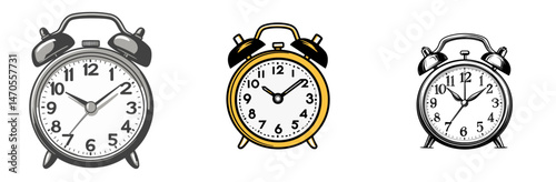 Multiple vintage alarm clocks in a simple design, showcasing different styles and time settings
