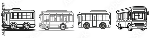 Multiple designs of a bus in a 2D style showcasing various angles and characteristics