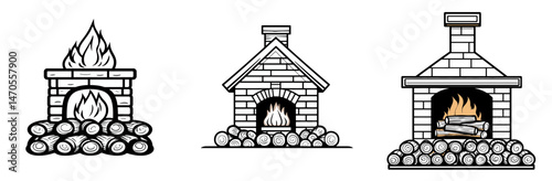 Variety of fireplace designs with flames and logs for cozy home decoration ideas