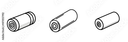 Detailed icon representation of cylindrical objects showcasing various orientations and dimensions in a minimalist style