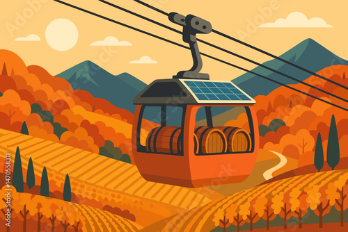 Flat transport‑green scene with PV cabins, wine barrels, and red hills