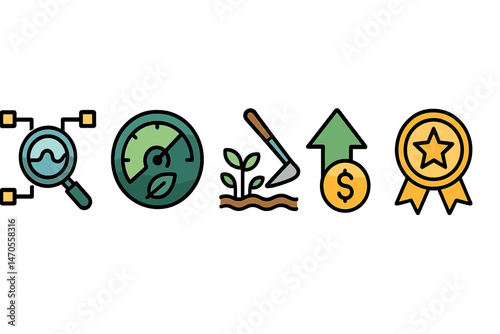 ESG‑finance icons merging wave, dial, hoe, arrow, badge