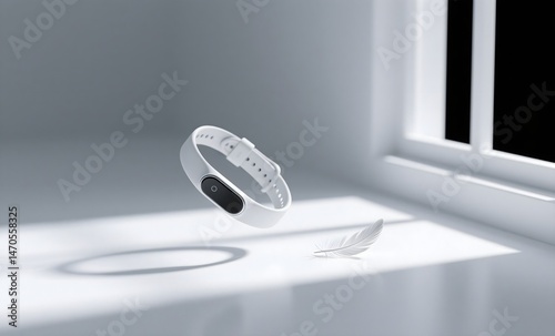 Ultralight Fitness Tracker Floating Above White Feather Symbolizing Weightlessness in Minimalist Clean Setting
