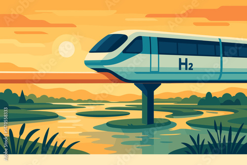 Flat clean‑mobility scene with H₂ monorail, wetland birds, and pastel sun