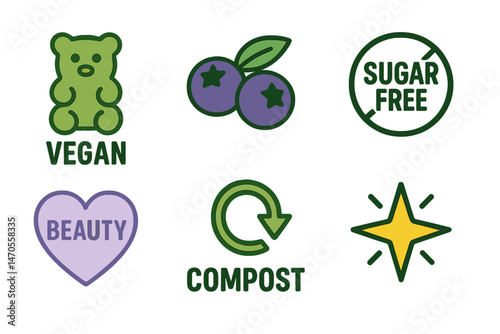 Gummy‑wellness icons merging bear, burst, badge, heart, loop, star