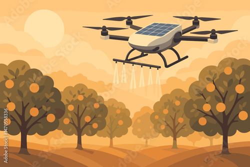 Flat farm‑tech scene with drones, spray mist, and orchard rows