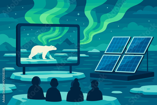 Flat culture‑green scene with PV screen barge, aurora sky, and seated viewers