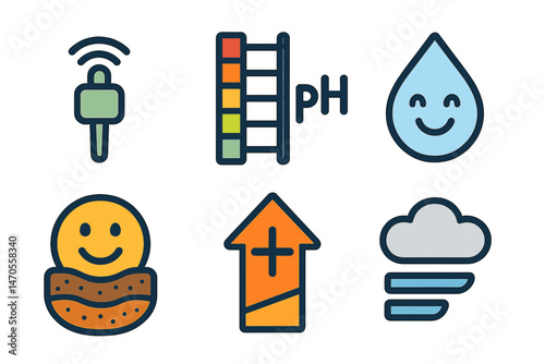 Garden‑IoT icons linking beacon, ladder, drop, arrow, badge, bar