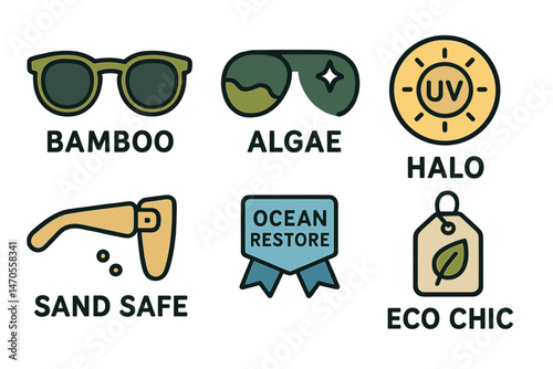 Eyewear‑eco icons showing bridge, shine, badge, hinge, ribbon, tag