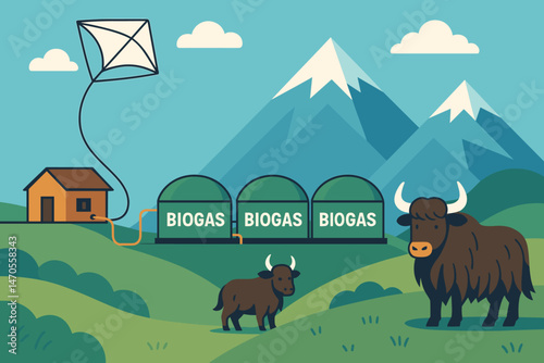 Flat rural‑tech scene with kite line, digester domes, and snow ridges