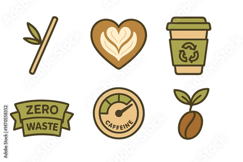Café‑eco icons linking stirrer, heart, cup, ribbon, ring, mark