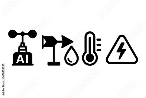 Weather‑tech icons linking tower, vane, droplet, bar, badge